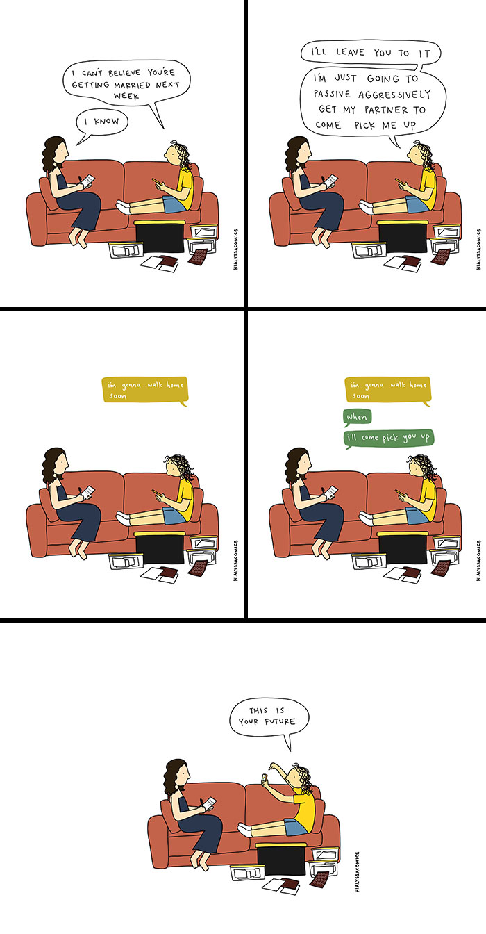 A comic of two women on a couch discussing marriage, highlighting funny ordinary situations.