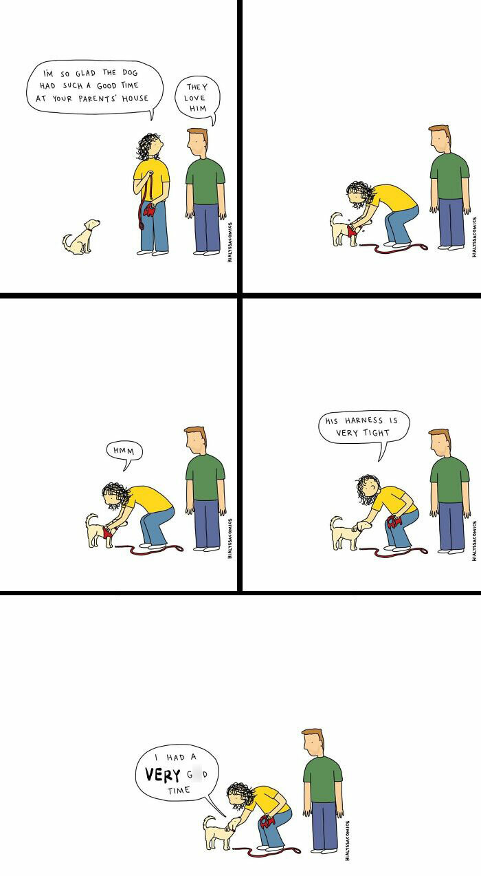 A comic of a couple with their dog, showing a funny moment with a tight harness.