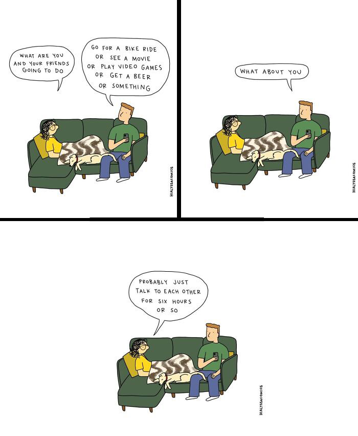 A comic of a couple and a dog on a couch, illustrating funny ordinary situations.