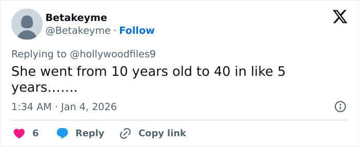 Screenshot of a tweet from Betakeyme, Jan 4, 2026, saying: She went from 10 years old to 40 in like 5 years....., discussing Millie Bobby Brown's weight loss transformation. Screenshot of a tweet from Betakeyme, Jan 4, 2026, saying: She went from 10 years old to 40 in like 5 years....., discussing Millie Bobby Brown's weight loss transformation.