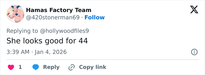 Screenshot of a tweet stating, She looks good for 44, related to Millie Bobby Brown's face and weight loss transformation. Screenshot of a tweet stating, She looks good for 44, related to Millie Bobby Brown's face and weight loss transformation.