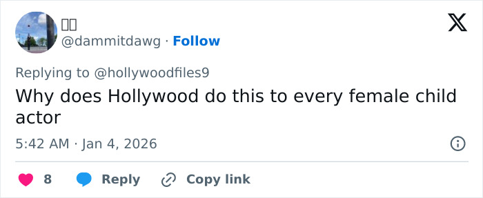 Screenshot of a tweet asking, Why does Hollywood do this to every female child actor, in relation to Millie Bobby Brown's face and weight loss. Screenshot of a tweet asking, Why does Hollywood do this to every female child actor, in relation to Millie Bobby Brown's face and weight loss.