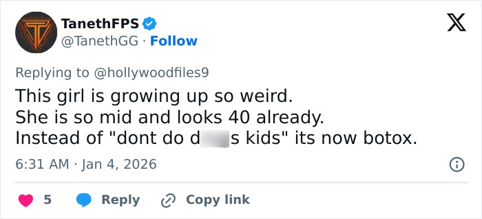 A tweet criticizing Millie Bobby Brown's appearance and weight loss transformation, mentioning botox. A tweet criticizing Millie Bobby Brown's appearance and weight loss transformation, mentioning botox.
