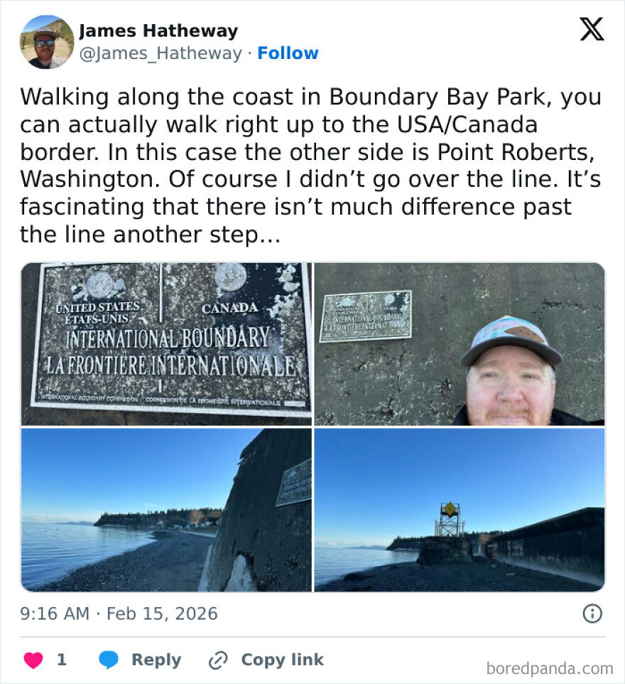 A photo collage showing the US/Canada international border, a man, and the coastline, highlighting country borders.