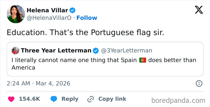 A screenshot of a tweet correcting a user confusing the Portuguese flag with Spain, featuring random jokes about national identity.