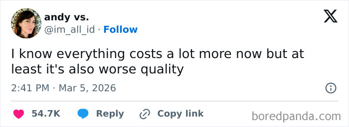 A serotonin meme tweet about everything costing more but being worse quality, bringing comfort.