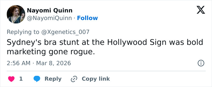 Screenshot of a tweet commenting on Sydney Sweeney's marketing stunt, relevant to the SYRN lingerie video.