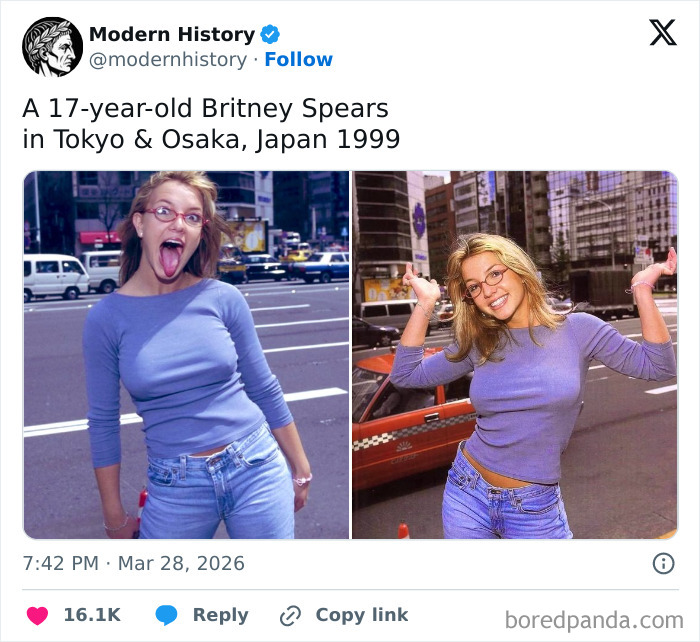 Young Britney Spears in Tokyo and Osaka, Japan, a nostalgic meme for 90s kids, showcasing childhood style.
