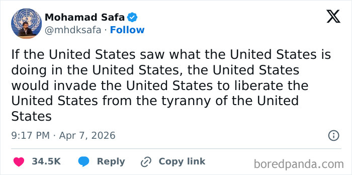 A screenshot of a tweet by Mohamad Safa making a sarcastic statement about the United States, offering random jokes on current affairs.
