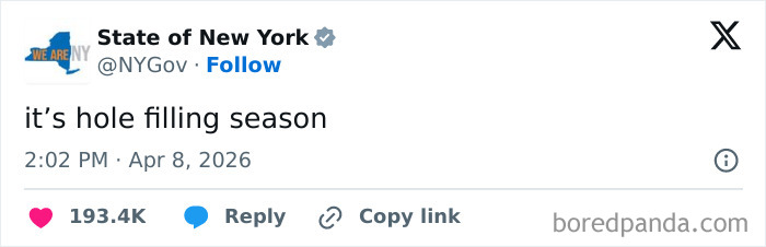 A funny internet moment: A tweet from the State of New York account stating it's hole filling season.