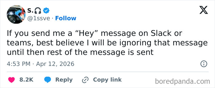 A tweet about the absurdity of having a job, specifically ignoring Slack or Teams messages until a full message is sent.