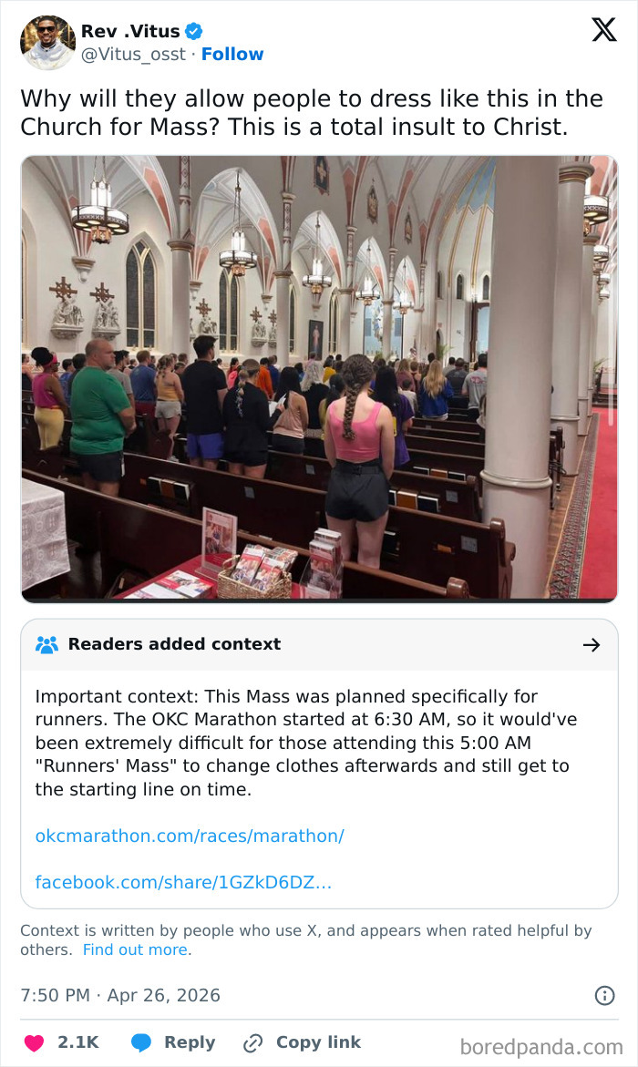 A fact-checked tweet showing people in casual clothes at a church mass, debunked by context of a runners' mass.