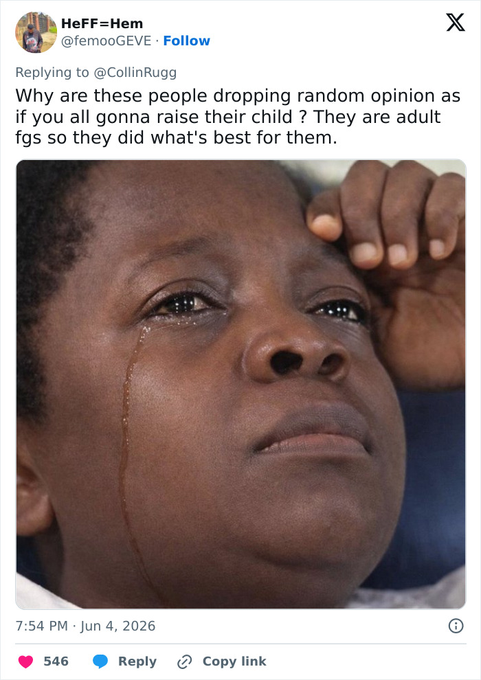 A social media post with a crying child meme image, discussing a woman's decision over a problematic father. A social media post with a crying child meme image, discussing a woman's decision over a problematic father.