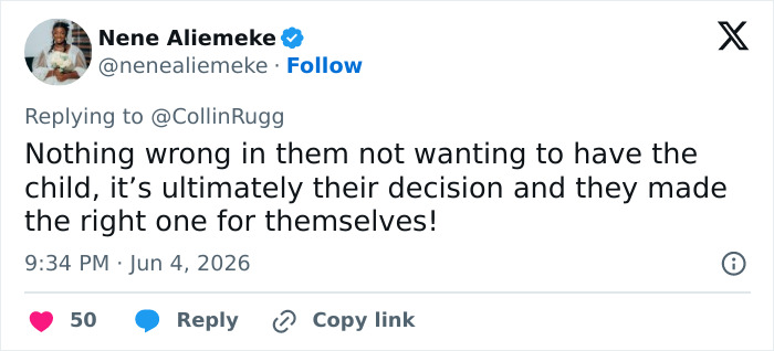 A social media post from 'Nene Aliemeke' supporting the woman's decision, 'Nothing wrong in them not wanting to have the child.' A social media post from 'Nene Aliemeke' supporting the woman's decision, 'Nothing wrong in them not wanting to have the child.'
