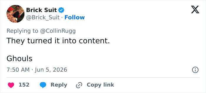 A social media post from 'Brick Suit' with text: 'They turned it into content. Ghouls', about the 'Baby Canceled' post. A social media post from 'Brick Suit' with text: 'They turned it into content. Ghouls', about the 'Baby Canceled' post.