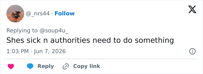 A tweet about Bonnie Blue's raunchy baby shower, stating she's sick and authorities need to act.