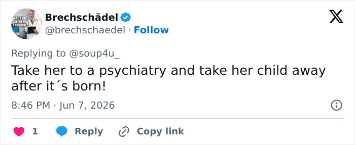 A tweet about Bonnie Blue's raunchy baby shower, suggesting psychiatric help and child removal.