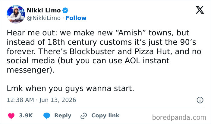 A Gen X meme suggesting new Amish towns with 90s customs like Blockbuster and no social media.