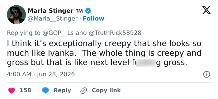 Twitter user Marla Stinger comments on Trump's comments about his assistant and Melania's absence.