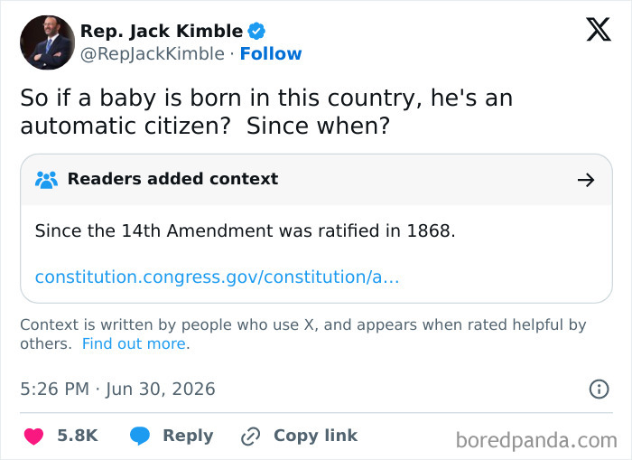 A politician's tweet about birthright citizenship, with a fact-checked response from the 14th Amendment, showing people being fact-checked.