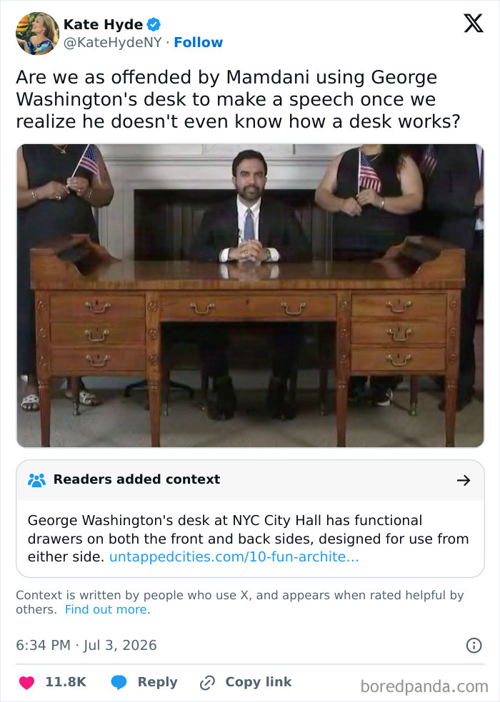 A social media post with a fact-check explaining George Washington's desk is dual-sided, revealing someone acting like a fool.