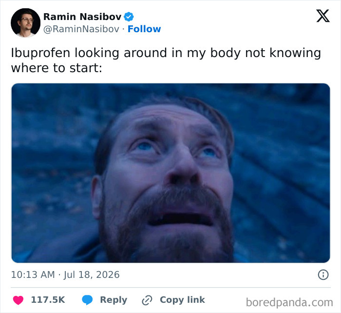 A meme featuring a man looking confused, representing ibuprofen in the body, a funny random joke to make you laugh.
