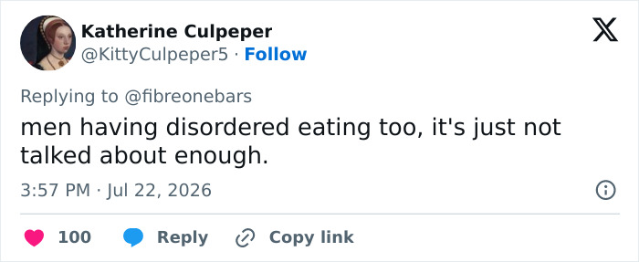 A social media post discussing men with disordered eating, relevant to Hollywood Star's extreme food habits debate. A social media post discussing men with disordered eating, relevant to Hollywood Star's extreme food habits debate.