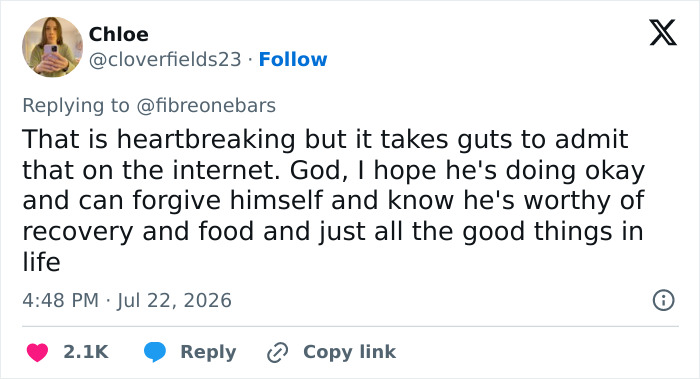 A tweet from Chloe expressing support and hope for recovery after a Hollywood star's confession about extreme food habits. A tweet from Chloe expressing support and hope for recovery after a Hollywood star's confession about extreme food habits.