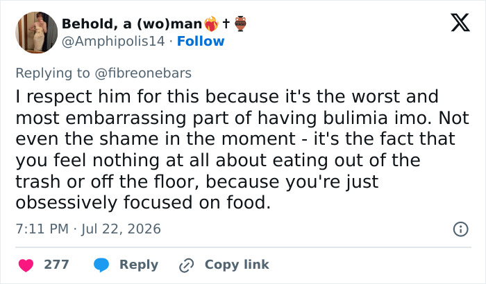 A social media user commenting on the Hollywood Star's confession about extreme food habits and bulimia. A social media user commenting on the Hollywood Star's confession about extreme food habits and bulimia.