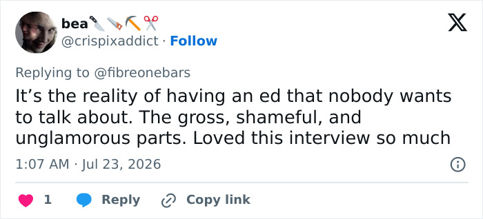 A tweet from bea acknowledging the unglamorous reality of eating disorders and praising the Hollywood star's interview. A tweet from bea acknowledging the unglamorous reality of eating disorders and praising the Hollywood star's interview.