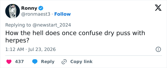 A tweet by Ronny asking how one can confuse dry puss with herpes, relevant to perimenopause symptoms.