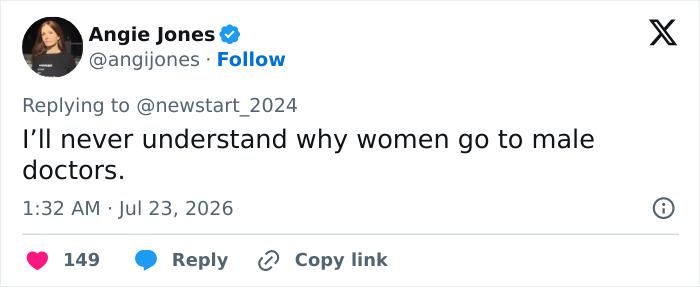 A tweet by Angie Jones questioning why women go to male doctors for perimenopause symptoms.
