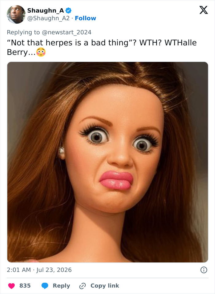 A social media post with a close-up of a doll with a surprised expression, related to perimenopause symptoms.