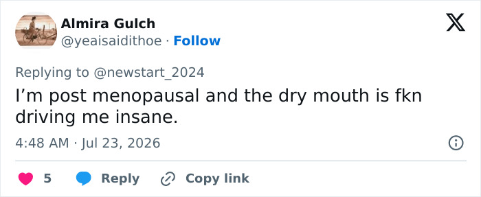 A social media post from Almira Gulch about experiencing dry mouth as a perimenopause symptom.