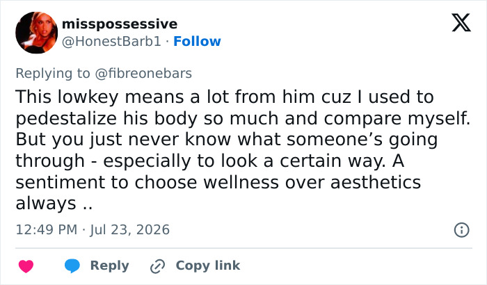 A social media post from misspossessive about the Hollywood Star's raw confession, emphasizing wellness over aesthetics. A social media post from misspossessive about the Hollywood Star's raw confession, emphasizing wellness over aesthetics.