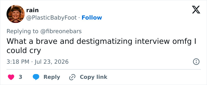 A social media comment on a Hollywood Star's confession about extreme food habits, praising a brave and destigmatizing interview. A social media comment on a Hollywood Star's confession about extreme food habits, praising a brave and destigmatizing interview.