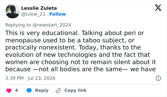 A social media post from Lesslie Zuleta on the educational importance of discussing perimenopause symptoms.