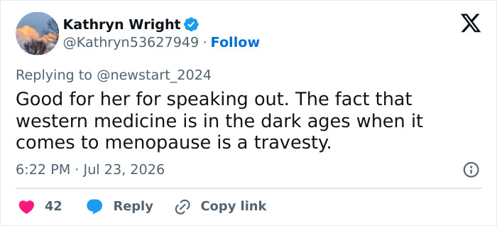 A social media post from Kathryn Wright discussing perimenopause symptoms and western medicine's approach to menopause.
