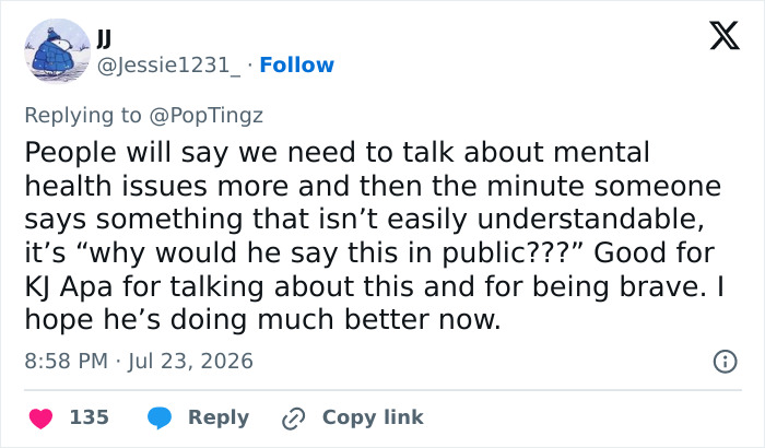 A social media post from JJ discussing mental health issues and supporting the Hollywood Star's raw confession about food habits. A social media post from JJ discussing mental health issues and supporting the Hollywood Star's raw confession about food habits.