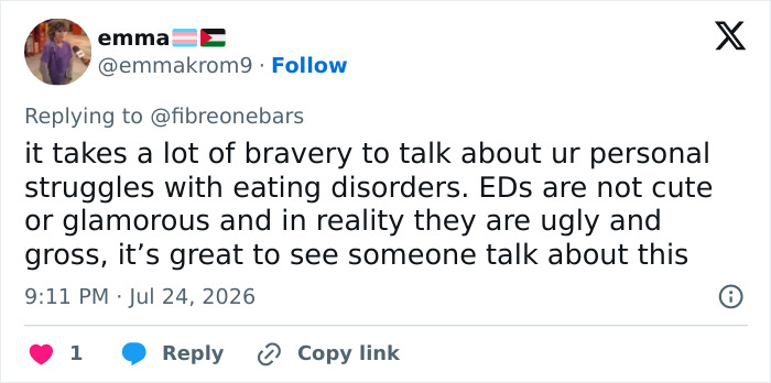 A tweet from emma discussing the bravery required to talk about eating disorders after a Hollywood star's confession. A tweet from emma discussing the bravery required to talk about eating disorders after a Hollywood star's confession.