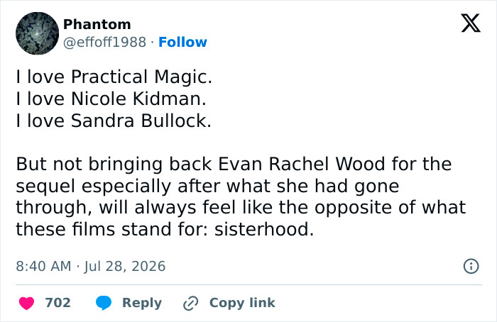 A tweet expressing disappointment over Evan Rachel Wood not being in the Sandra Bullock sequel. A tweet expressing disappointment over Evan Rachel Wood not being in the Sandra Bullock sequel.