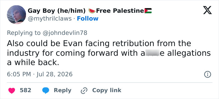 Tweet discussing Evan facing industry retribution, connecting to Hollywood's pathetic problem and recasting scrutiny. Tweet discussing Evan facing industry retribution, connecting to Hollywood's pathetic problem and recasting scrutiny.