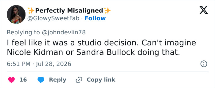 A tweet by Perfectly Misaligned about a studio decision affecting the Sandra Bullock sequel and recasting. A tweet by Perfectly Misaligned about a studio decision affecting the Sandra Bullock sequel and recasting.