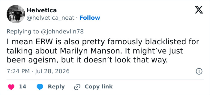 A tweet by Helvetica discussing ageism and blacklisting, regarding the Hollywood problem in the Sandra Bullock sequel. A tweet by Helvetica discussing ageism and blacklisting, regarding the Hollywood problem in the Sandra Bullock sequel.