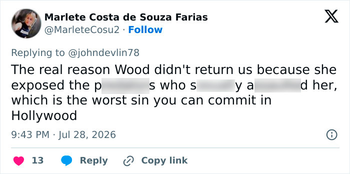 A tweet by Marlete Costa de Souza Farias about an actress being exposed in Hollywood, relating to the Sandra Bullock sequel. A tweet by Marlete Costa de Souza Farias about an actress being exposed in Hollywood, relating to the Sandra Bullock sequel.