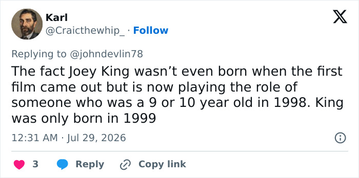 A social media post discussing Joey King's age for a role in the Sandra Bullock sequel, highlighting the recasting problem. A social media post discussing Joey King's age for a role in the Sandra Bullock sequel, highlighting the recasting problem.