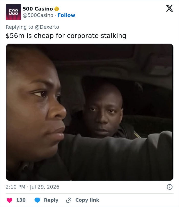 Twitter post by 500 Casino, with an image of two people in a car, remarking on the cost of eBay's corporate stalking.