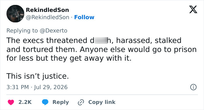 Twitter post by RekindledSon, discussing eBay's executives threatening and harassing an old couple.
