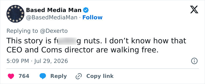 Twitter post by Based Media Man, expressing disbelief about the eBay CEO and Comms director walking free after their campaign.