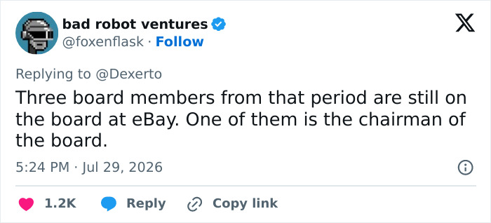 A tweet about eBay board members still active, highlighting the massive karma.